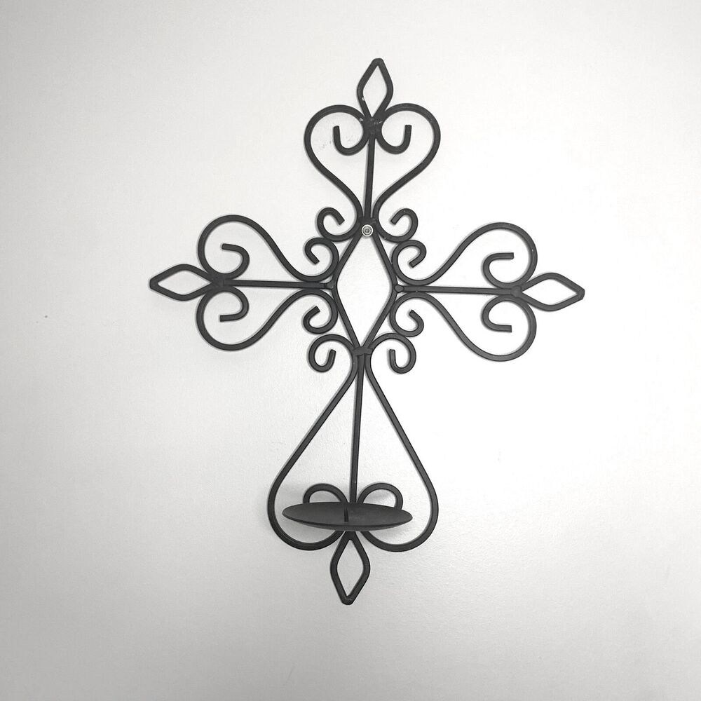 Cast Iron ornate decorative‎ religious Cross candle holder indoor outdoor decor